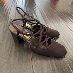 Vintage Satin Maxima Square Toe Nina Leather Heeled Sandals Chocolate Brown Sz 8